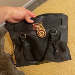 Michael Kors Black Leather Tote with Gold-Tone Lock Charm